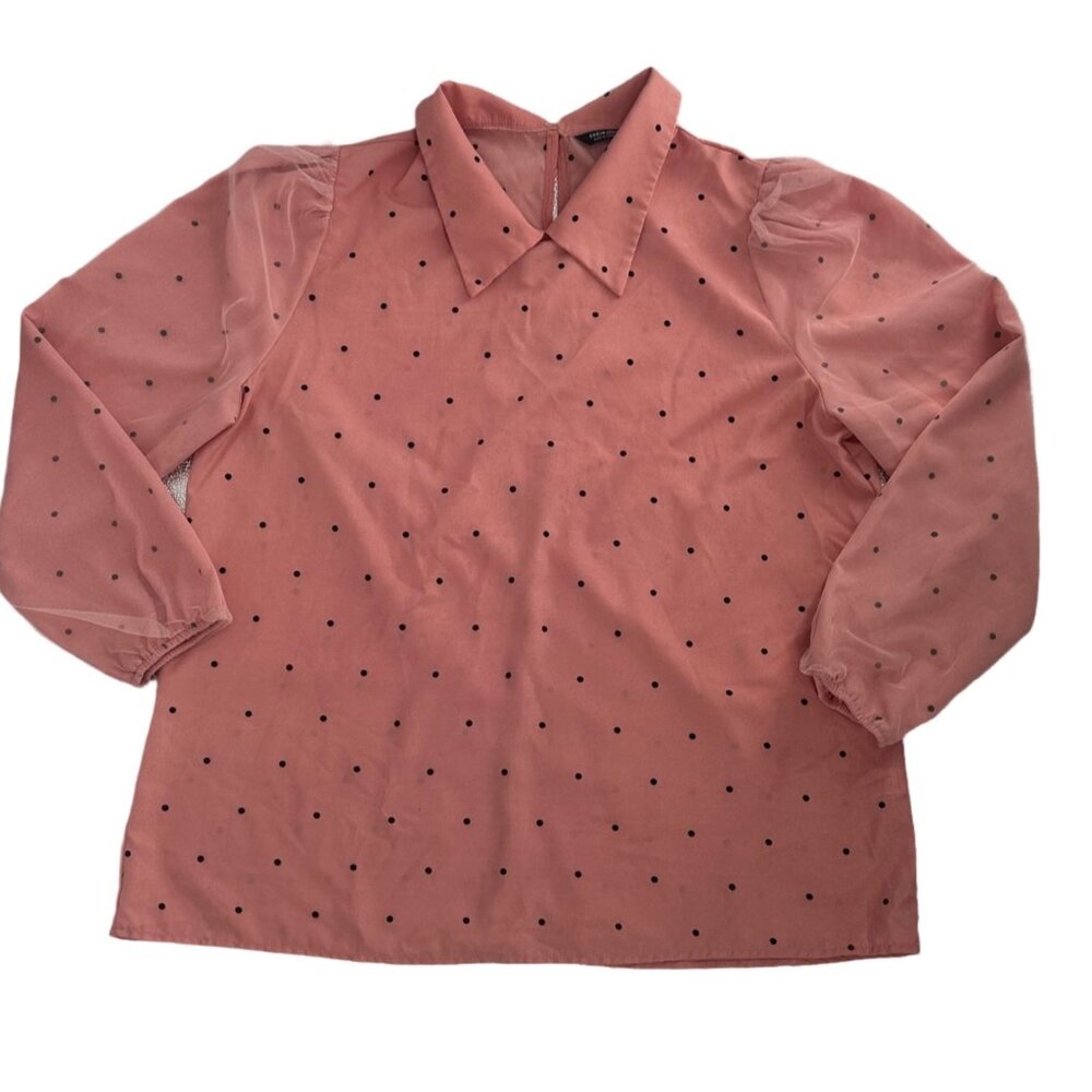 NWOT SHEIN  Pink with Black Polka Dots Blouse Sheer Sleeves size 0XL